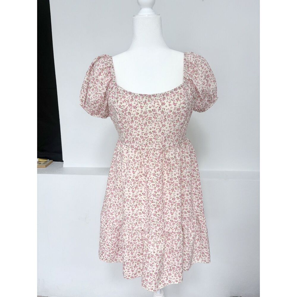 Altar'd State Pink Ditsy Floral Puff Sleeve Cutout Tie Back Mini Dress Medium